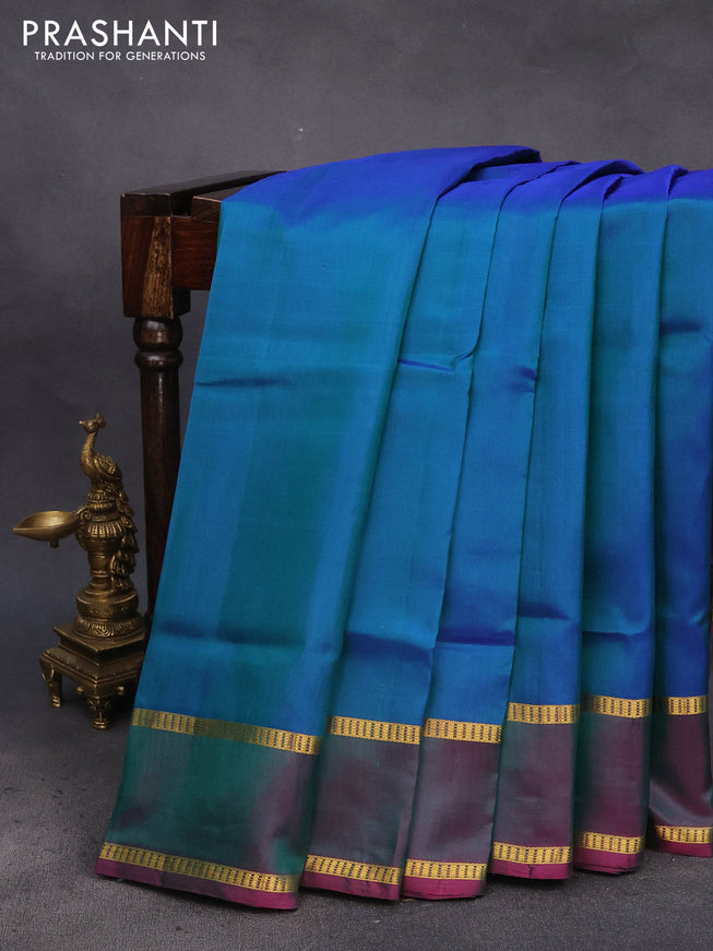 10 Yards silk saree dual shade of bluish green and pink with plain body and rettapet zari woven border