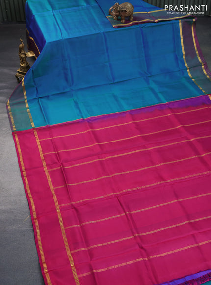 10 Yards silk saree dual shade of bluish green and pink with plain body and rettapet zari woven border