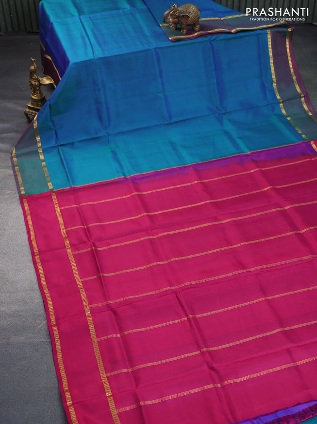 10 Yards silk saree dual shade of bluish green and pink with plain body and rettapet zari woven border