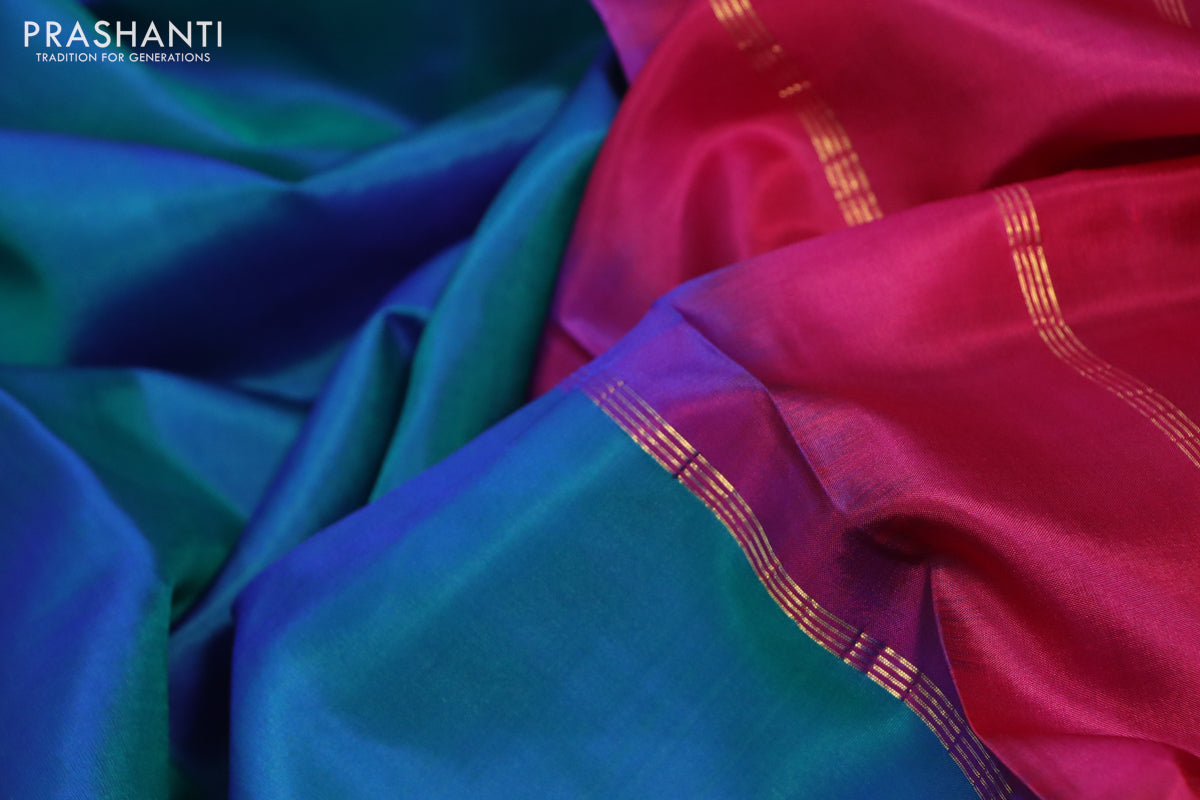 10 Yards silk saree dual shade of bluish green and pink with plain body and rettapet zari woven border