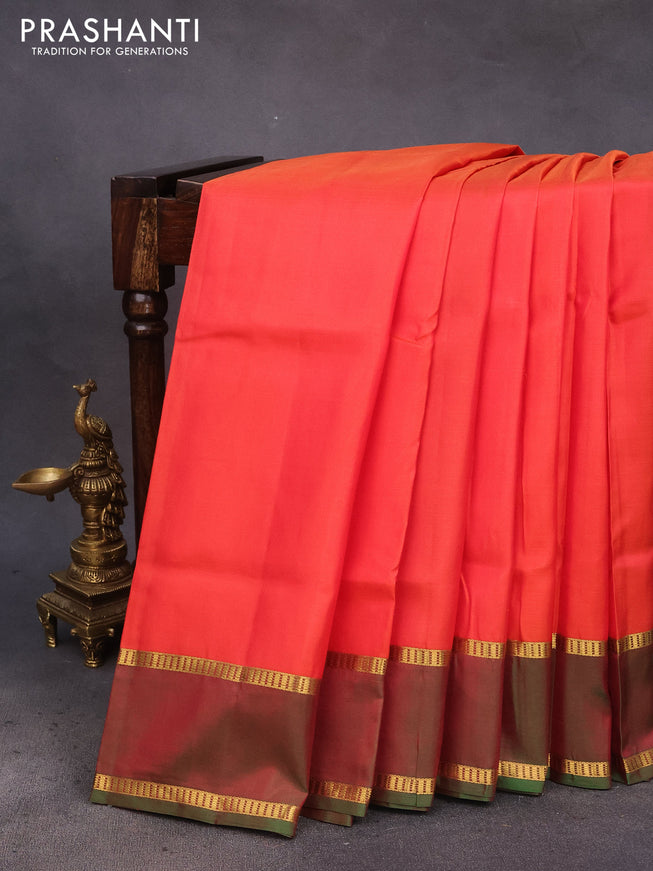 10 Yards silk saree dual shade of orange and green with plain body and rettapet zari woven border