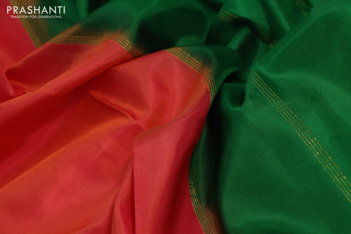 10 Yards silk saree dual shade of orange and green with plain body and rettapet zari woven border