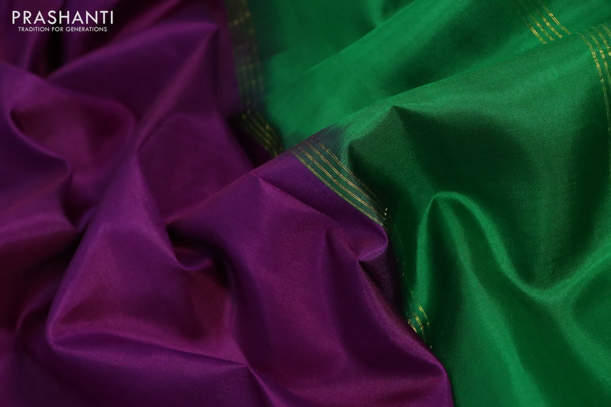 10 Yards silk saree purple and green with plain body and rettapet zari woven border