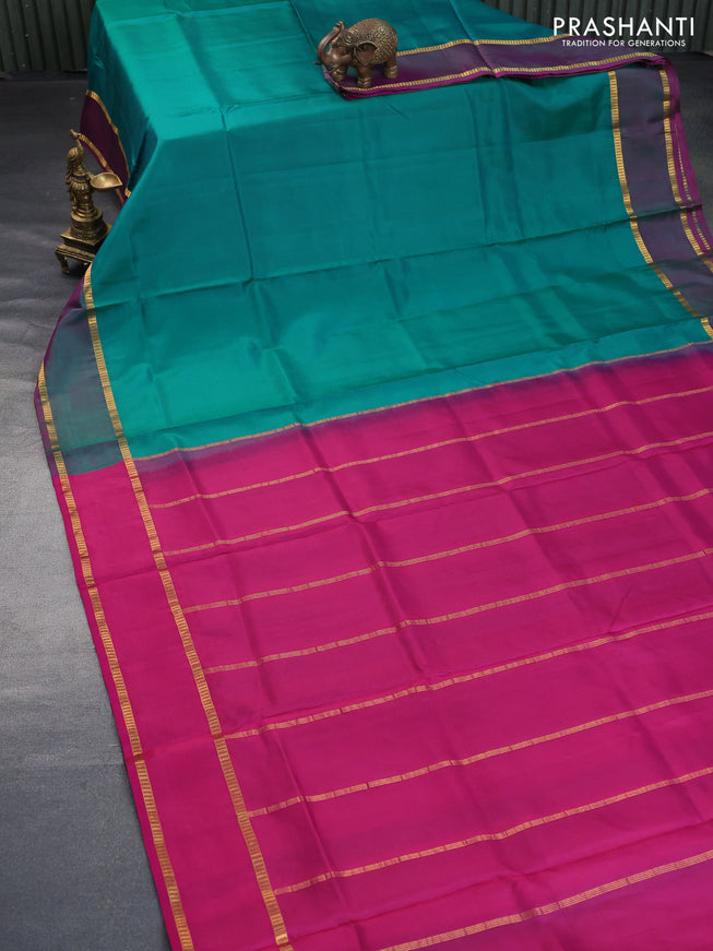 10 Yards silk saree green and pink with plain body and rettapet zari woven border