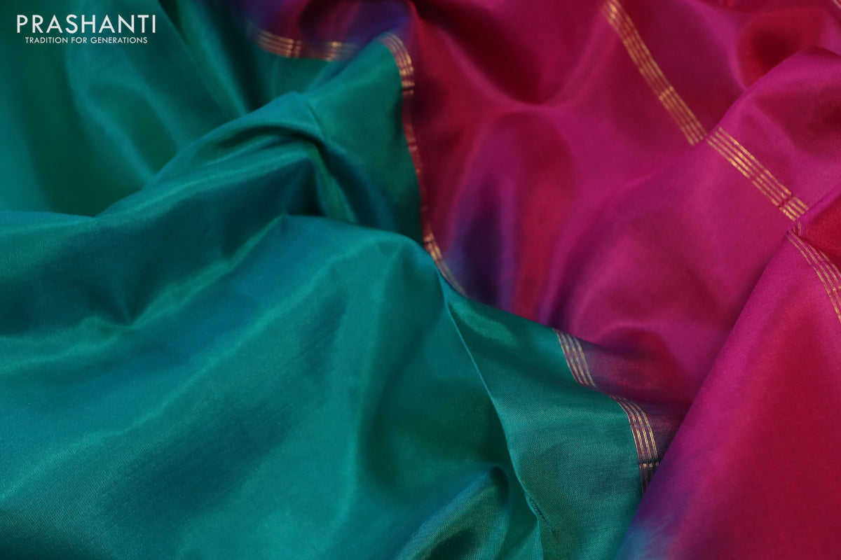 10 Yards silk saree green and pink with plain body and rettapet zari woven border