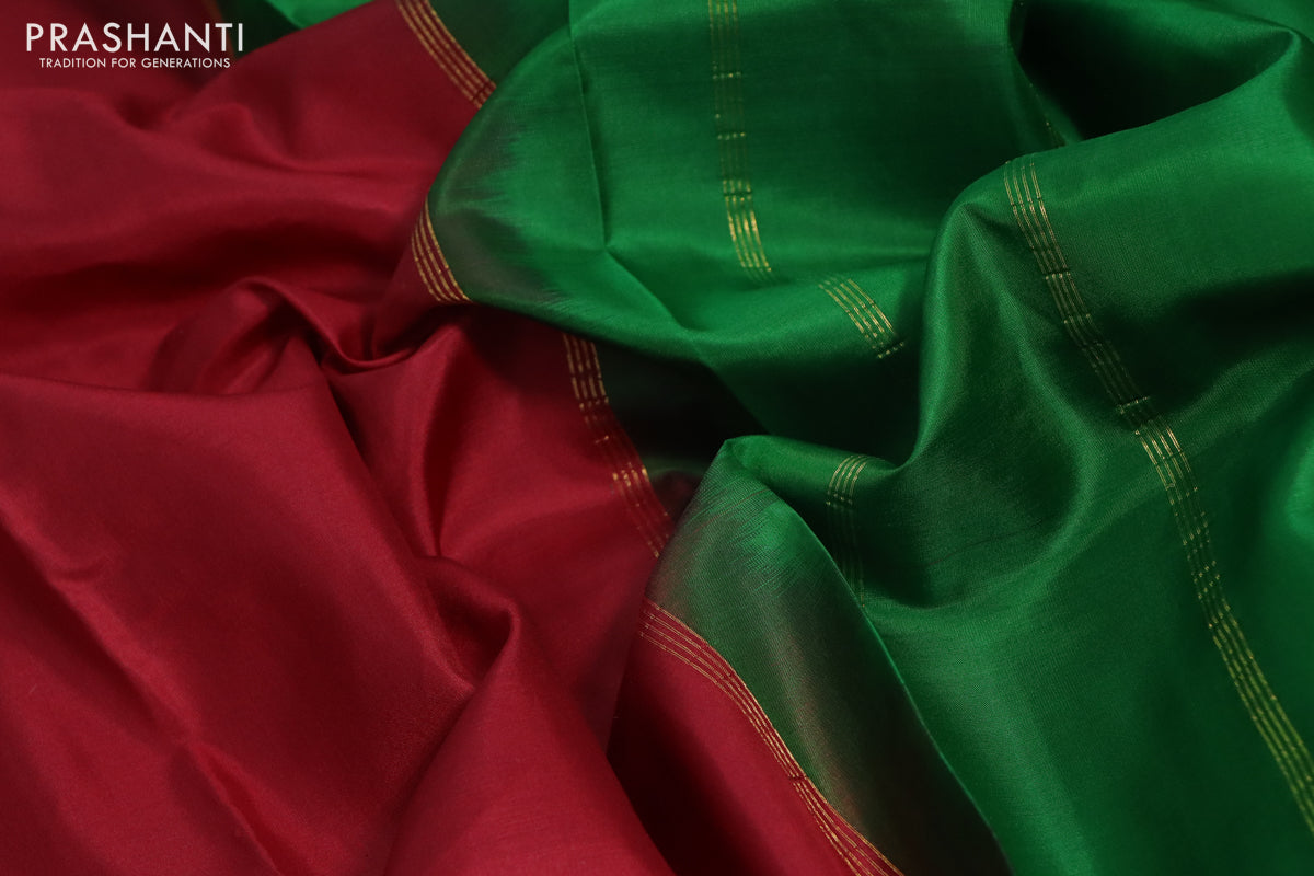 10 Yards silk saree maroon and green with plain body and rettapet zari woven border