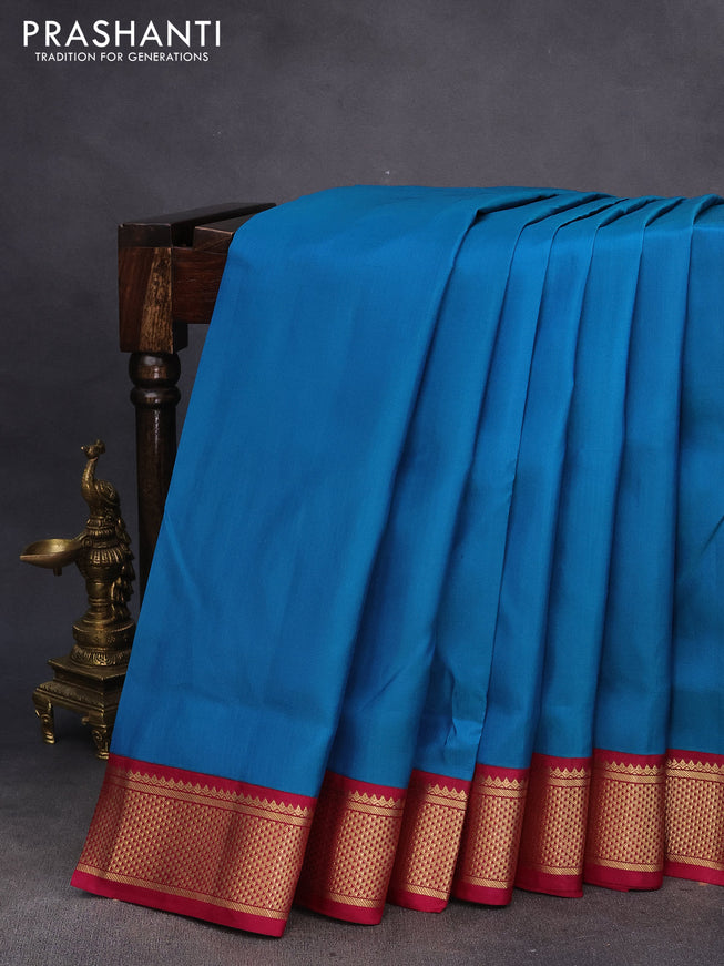 10 Yards silk saree teal blue and dark magenta pink with plain body and zari woven korvai border