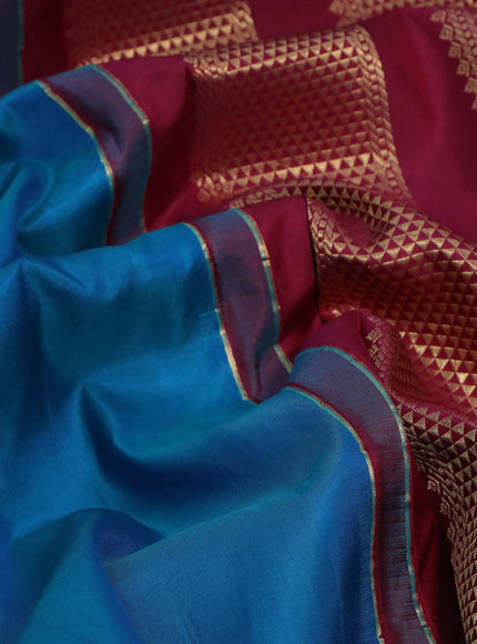 10 Yards silk saree teal blue and dark magenta pink with plain body and zari woven korvai border