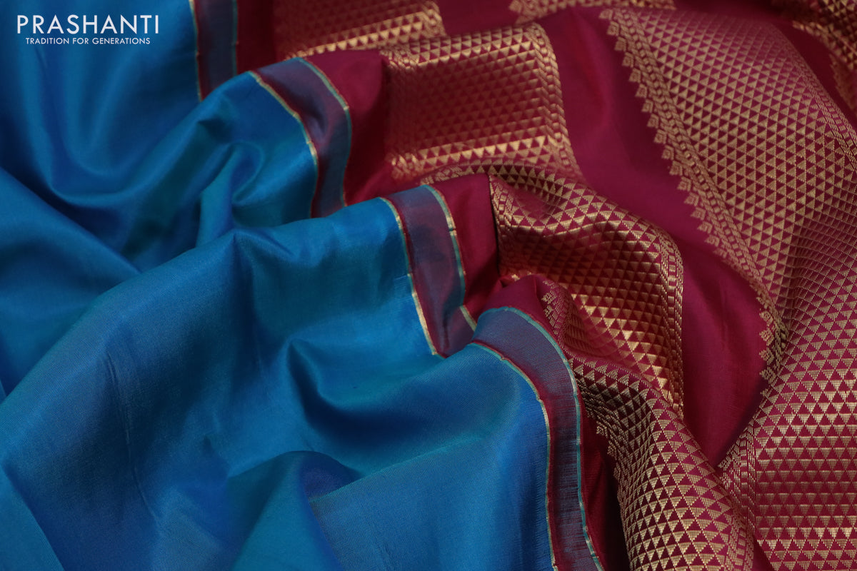 10 Yards silk saree teal blue and dark magenta pink with plain body and zari woven korvai border