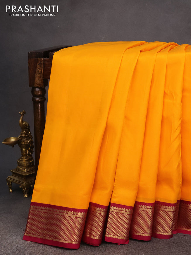 10 Yards silk saree mango yellow and dark magenta pink with plain body and zari woven korvai border