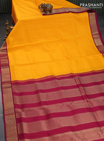 10 Yards silk saree mango yellow and dark magenta pink with plain body and zari woven korvai border