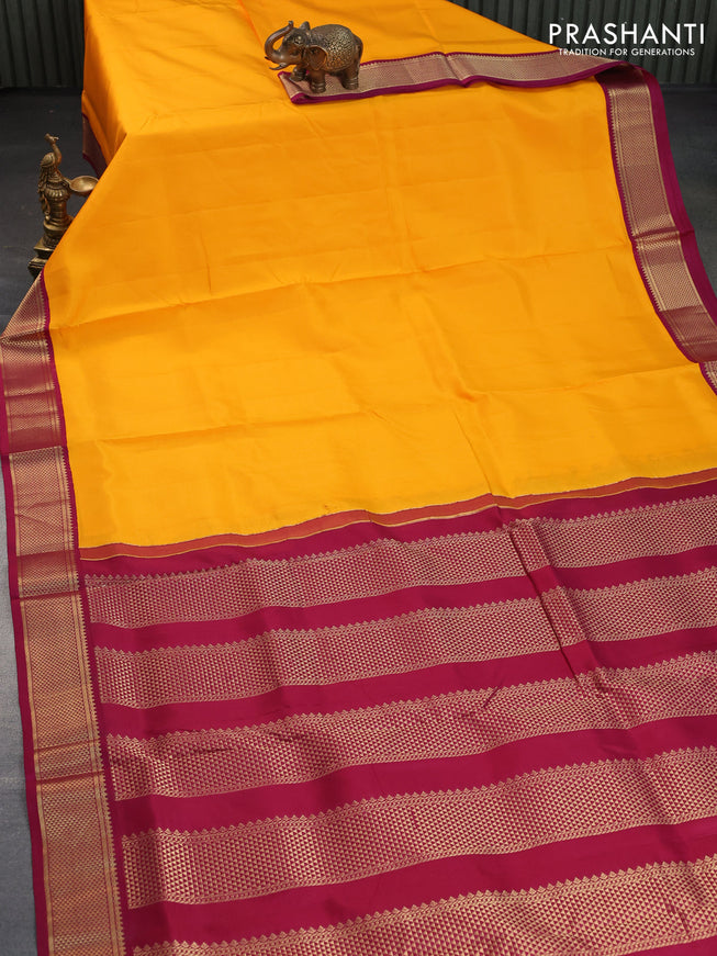 10 Yards silk saree mango yellow and dark magenta pink with plain body and zari woven korvai border