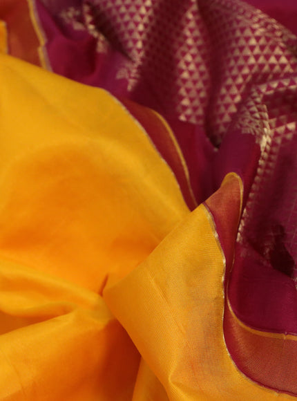 10 Yards silk saree mango yellow and dark magenta pink with plain body and zari woven korvai border