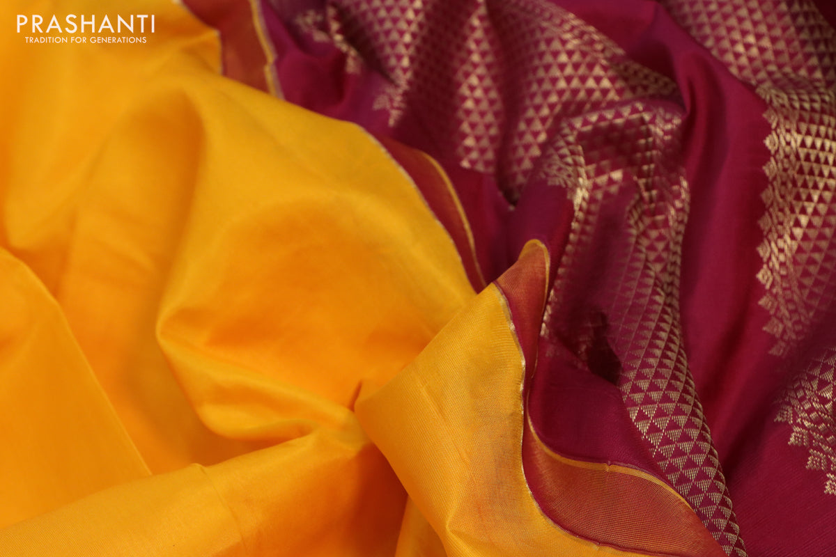 10 Yards silk saree mango yellow and dark magenta pink with plain body and zari woven korvai border