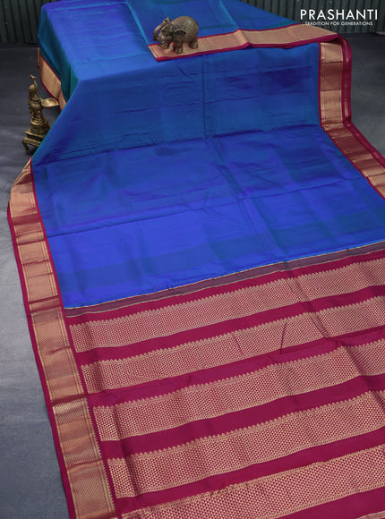 10 Yards silk saree dual shade of bluish green and dark magenta pink with plain body and zari woven korvai border