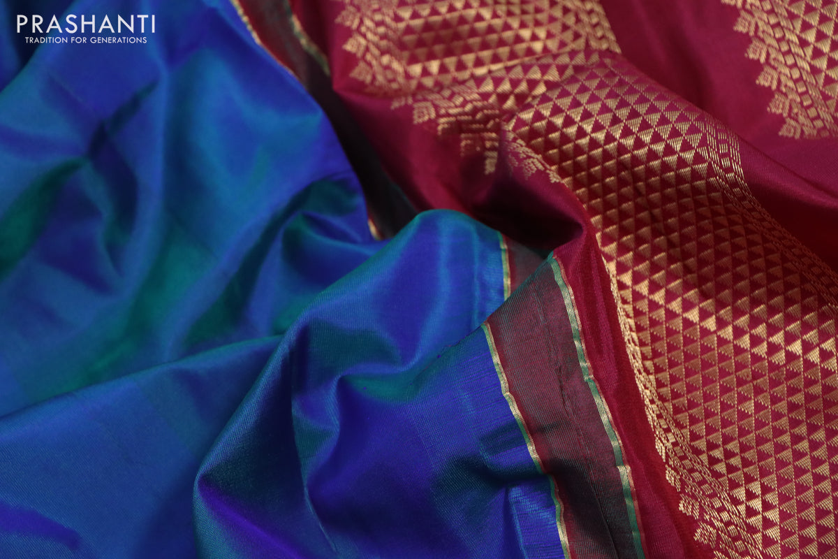 10 Yards silk saree dual shade of bluish green and dark magenta pink with plain body and zari woven korvai border