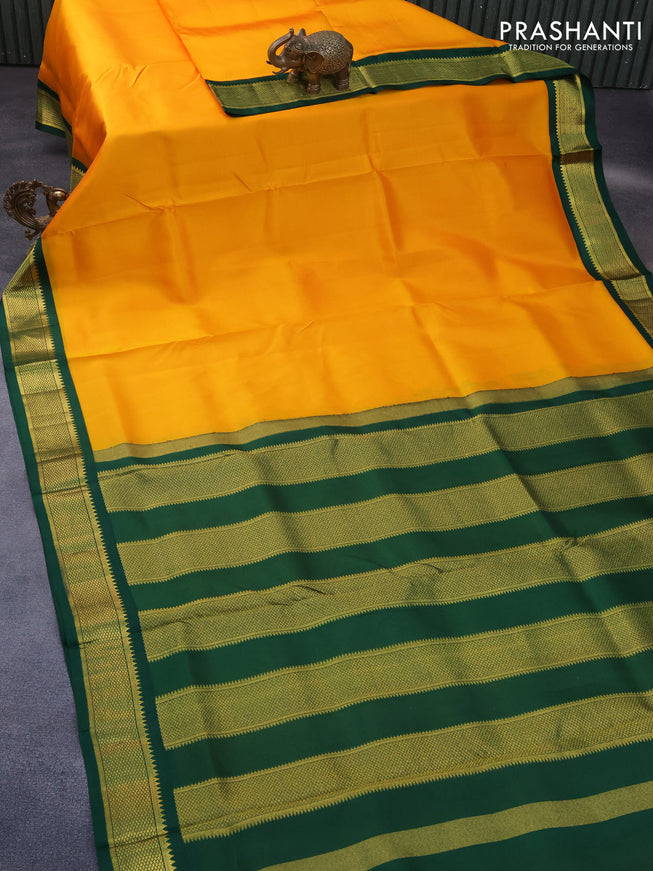 10 Yards silk saree mango yellow and green with plain body and zari woven korvai border