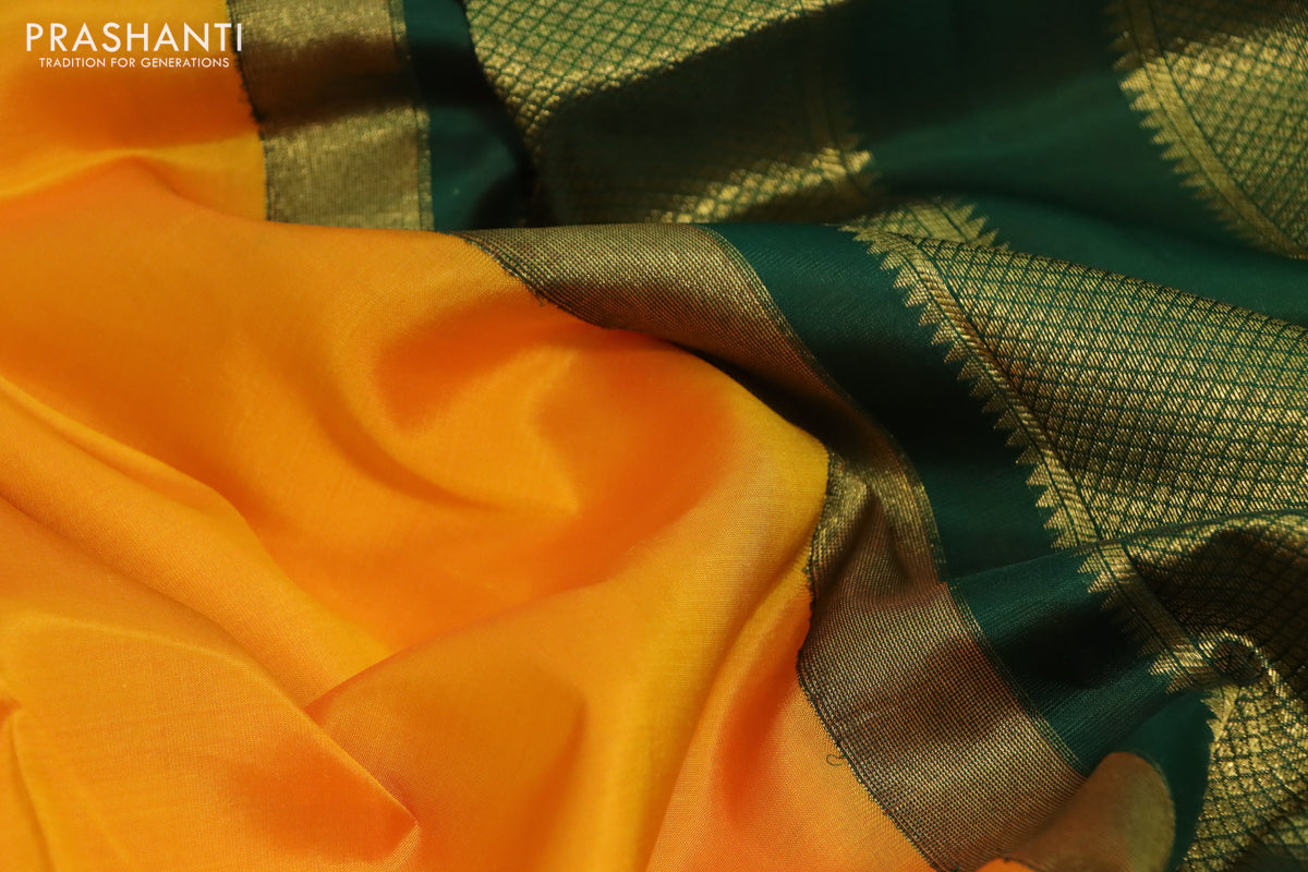 10 Yards silk saree mango yellow and green with plain body and zari woven korvai border