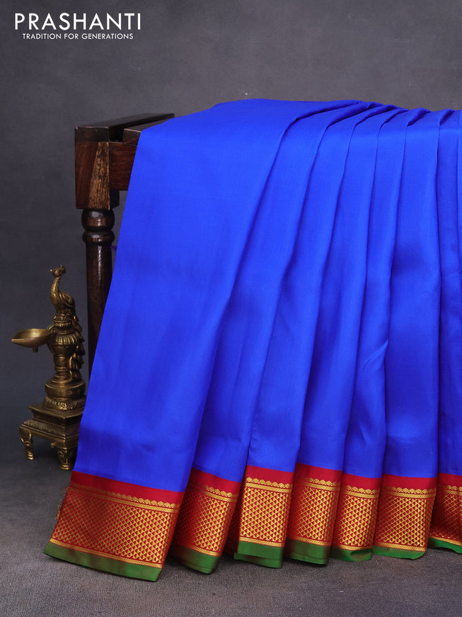 10 Yards silk saree royal blue and red green with plain body and zari woven korvai border