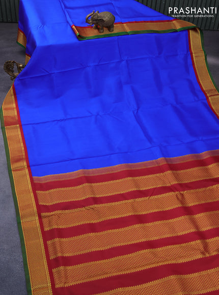 10 Yards silk saree royal blue and red green with plain body and zari woven korvai border