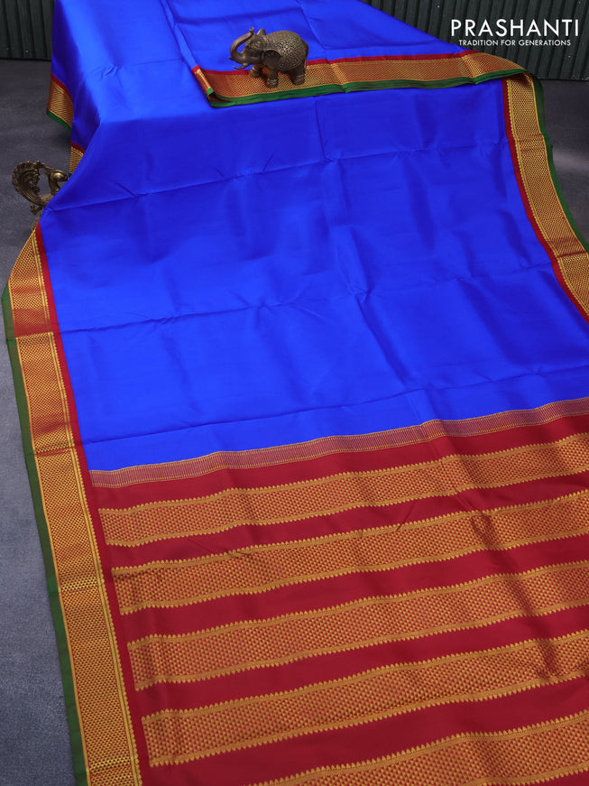 10 Yards silk saree royal blue and red green with plain body and zari woven korvai border