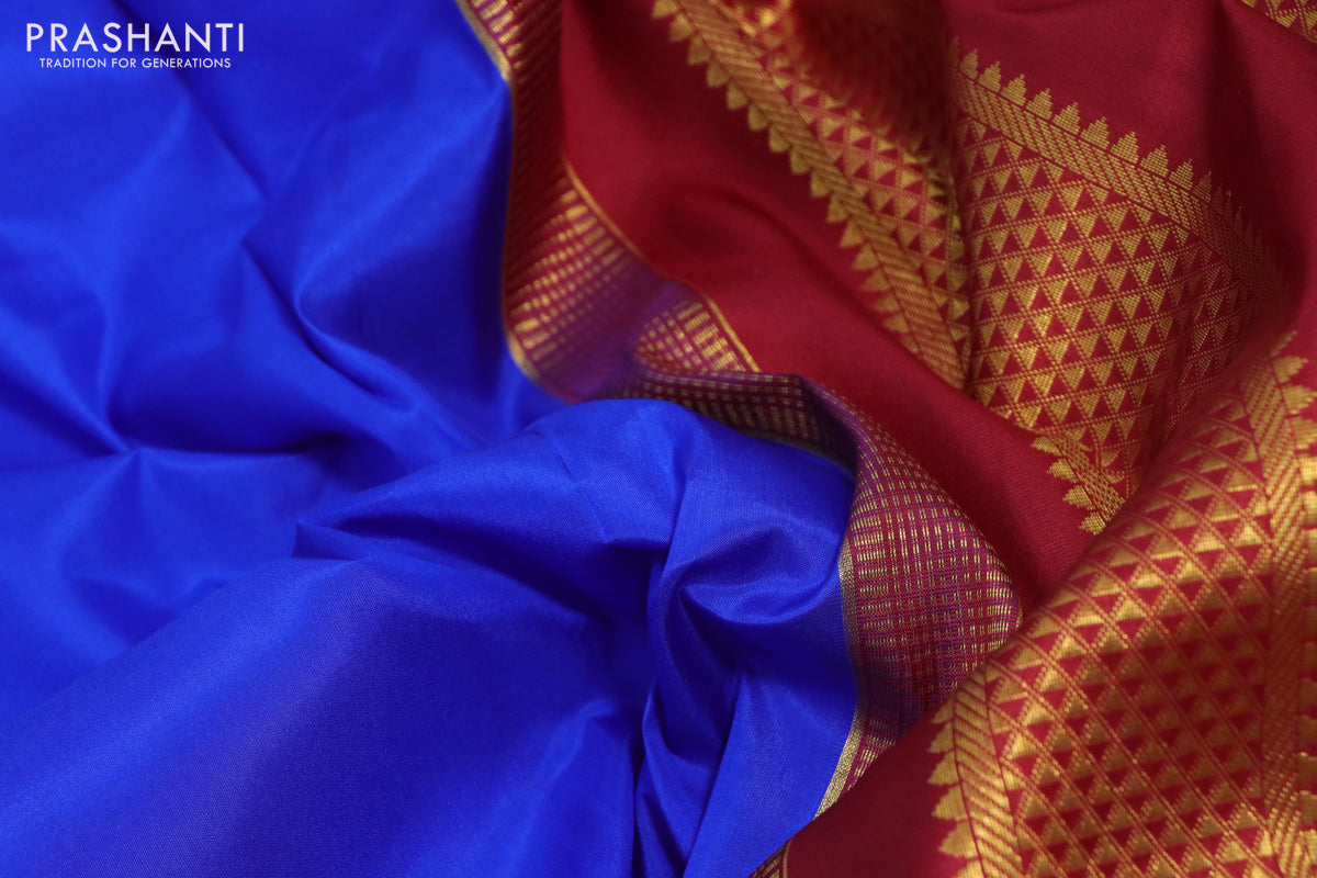 10 Yards silk saree royal blue and red green with plain body and zari woven korvai border