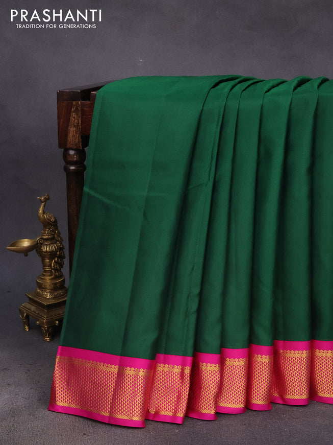 10 Yards silk saree green and pink with plain body and zari woven korvai border