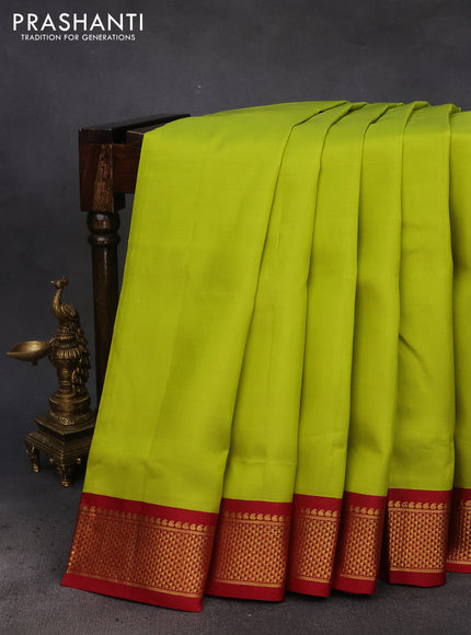 10 Yards silk saree lime green and maroon with plain body and zari woven korvai border