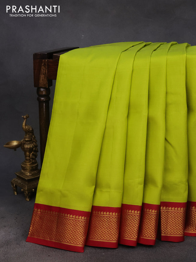 10 Yards silk saree lime green and maroon with plain body and zari woven korvai border