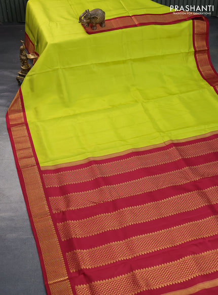 10 Yards silk saree lime green and maroon with plain body and zari woven korvai border