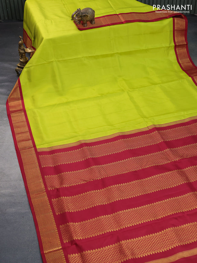 10 Yards silk saree lime green and maroon with plain body and zari woven korvai border