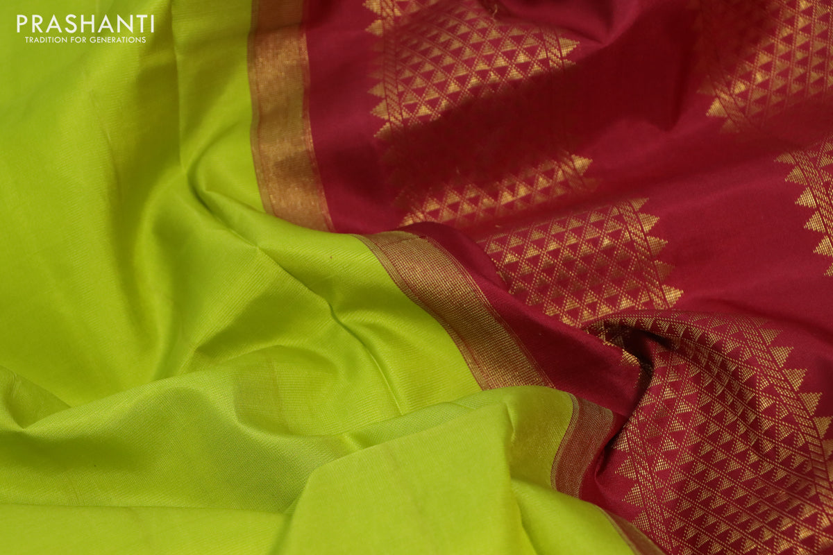 10 Yards silk saree lime green and maroon with plain body and zari woven korvai border