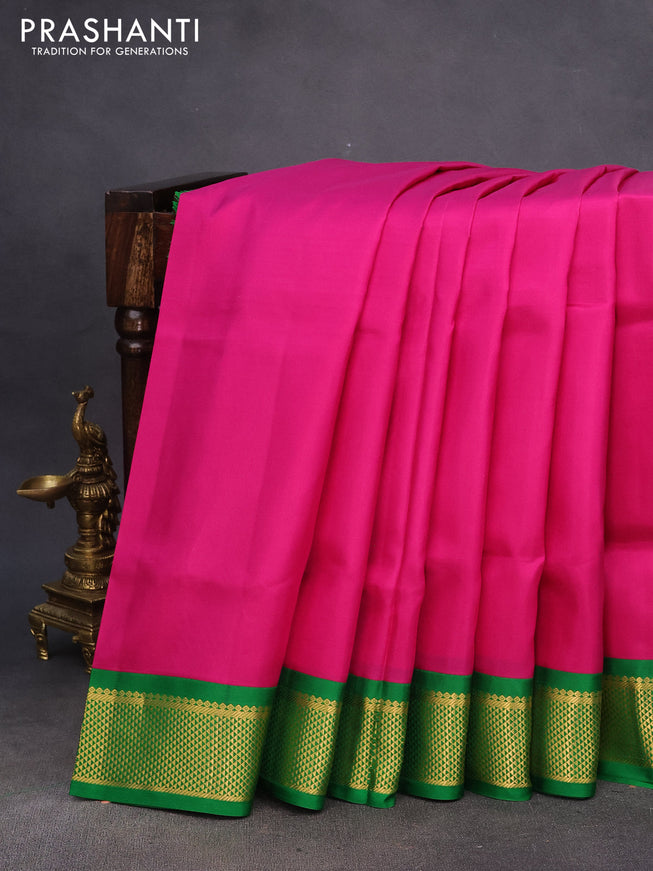 10 Yards silk saree pink and green with plain body and zari woven korvai border