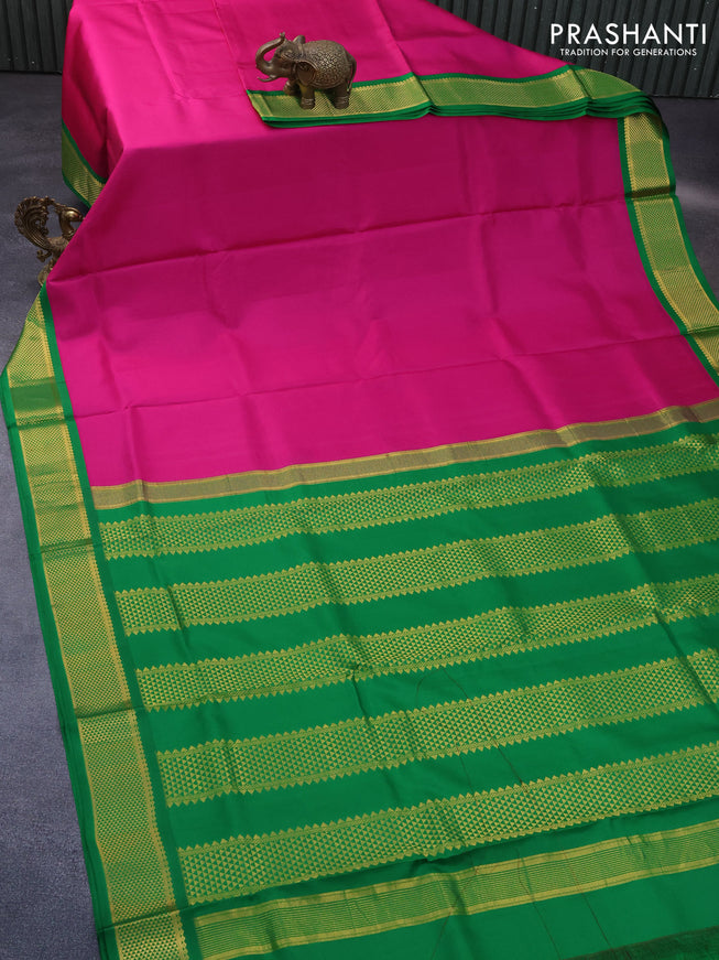 10 Yards silk saree pink and green with plain body and zari woven korvai border