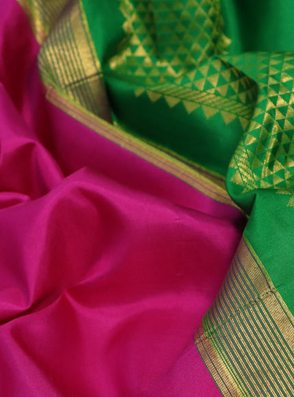 10 Yards silk saree pink and green with plain body and zari woven korvai border