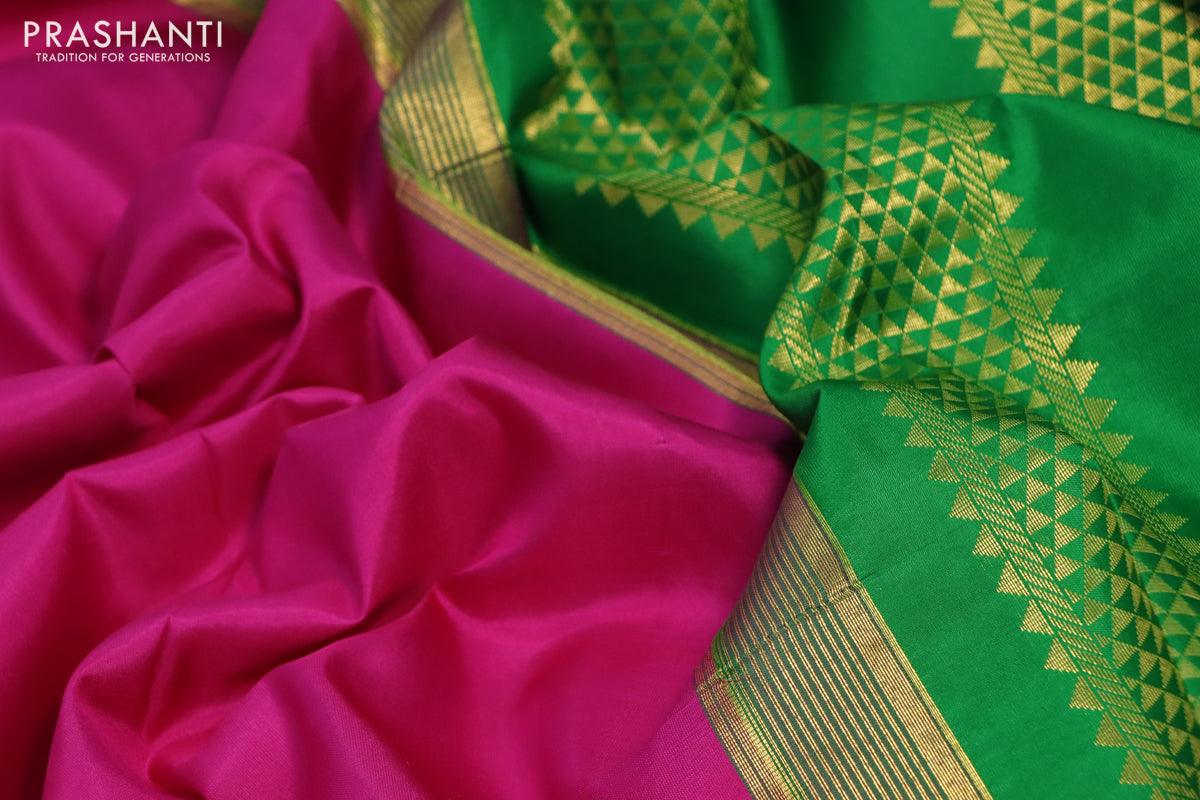 10 Yards silk saree pink and green with plain body and zari woven korvai border