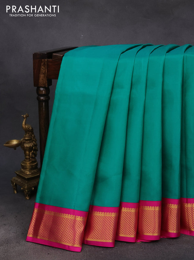 10 Yards silk saree green and pink with plain body and zari woven korvai border