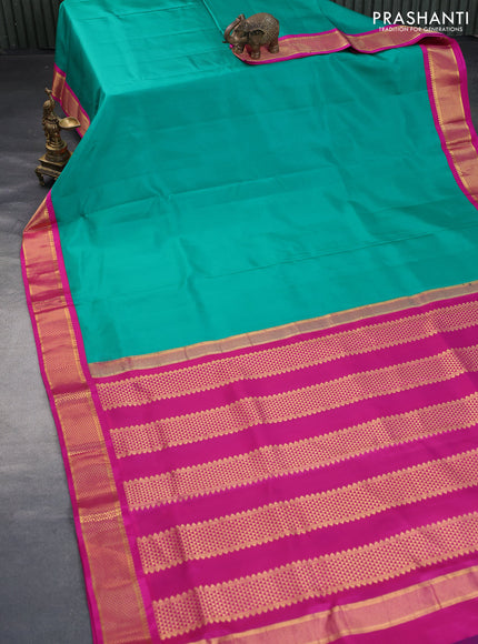 10 Yards silk saree green and pink with plain body and zari woven korvai border