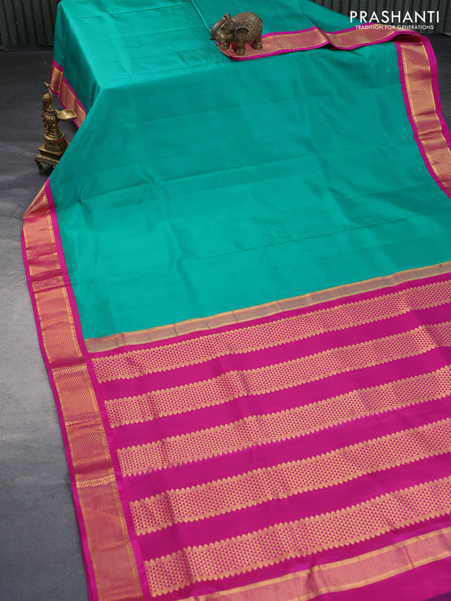 10 Yards silk saree green and pink with plain body and zari woven korvai border