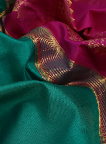 10 Yards silk saree green and pink with plain body and zari woven korvai border