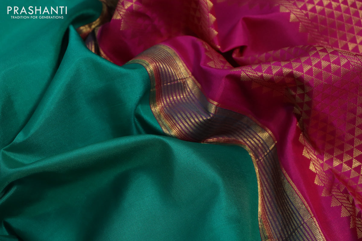 10 Yards silk saree green and pink with plain body and zari woven korvai border