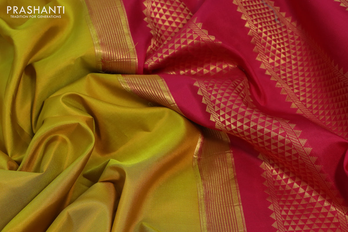 10 Yards silk saree mustard yellow and pink with plain body and zari woven korvai border