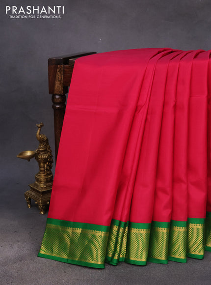 10 Yards silk saree pink and green with plain body and zari woven korvai border