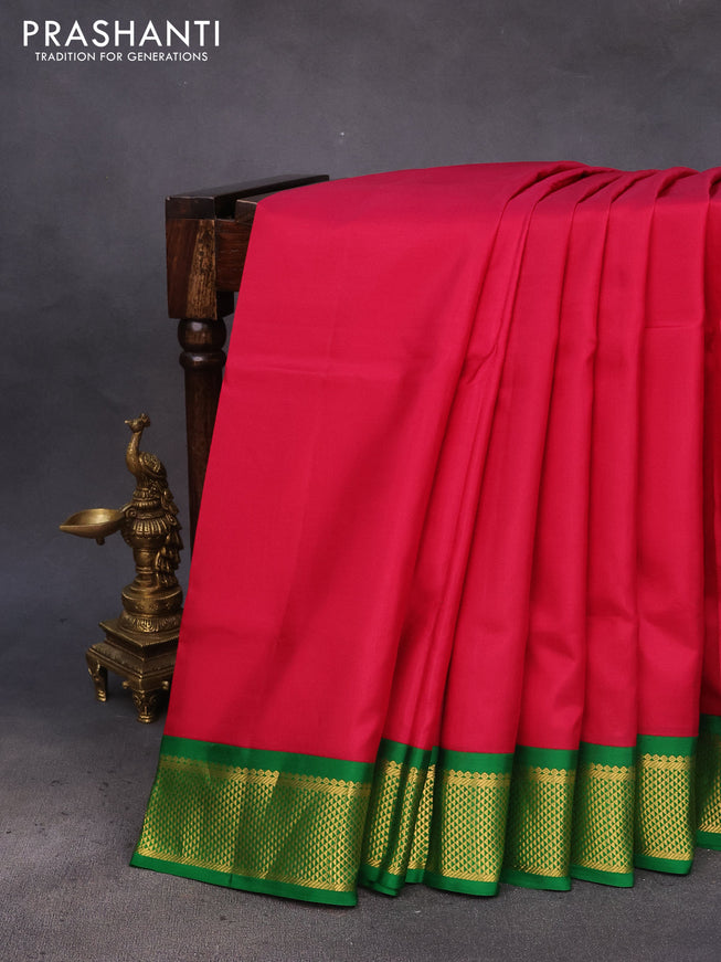 10 Yards silk saree pink and green with plain body and zari woven korvai border