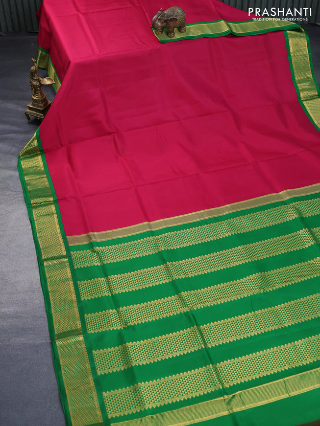 10 Yards silk saree pink and green with plain body and zari woven korvai border