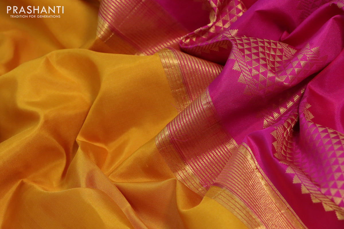 10 Yards silk saree mustard yellow and pink with plain body and zari woven korvai border