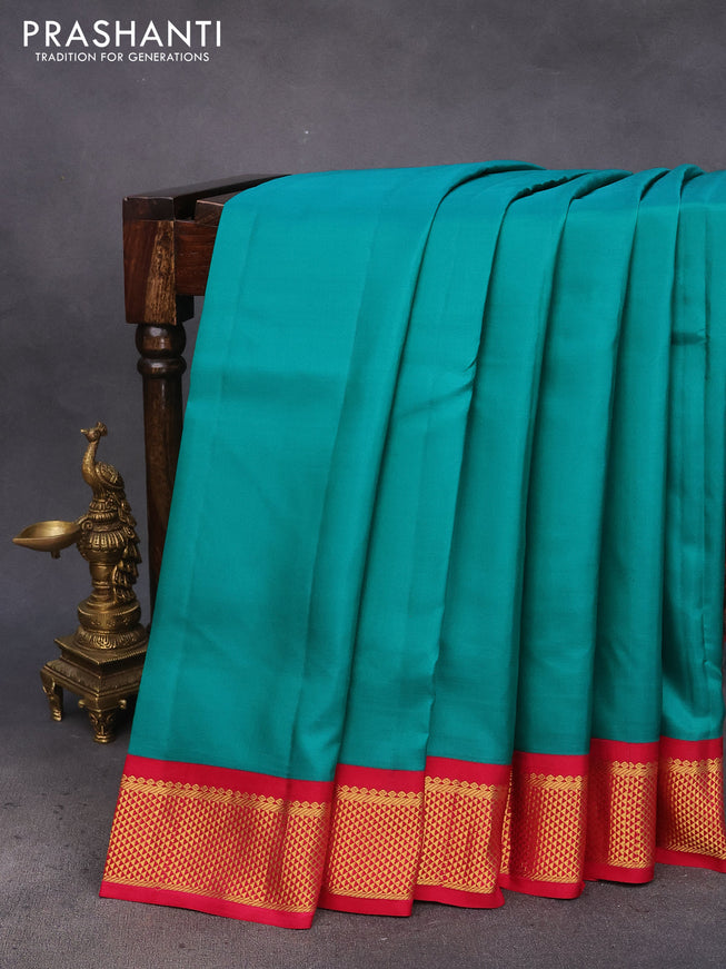 10 Yards silk saree teal green and dark pink with plain body and zari woven korvai border