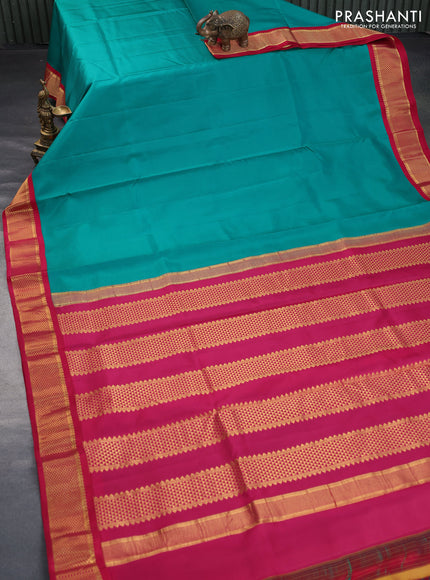 10 Yards silk saree teal green and dark pink with plain body and zari woven korvai border