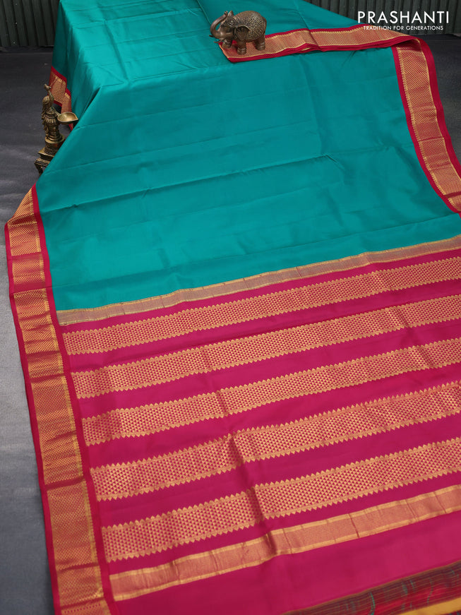 10 Yards silk saree teal green and dark pink with plain body and zari woven korvai border