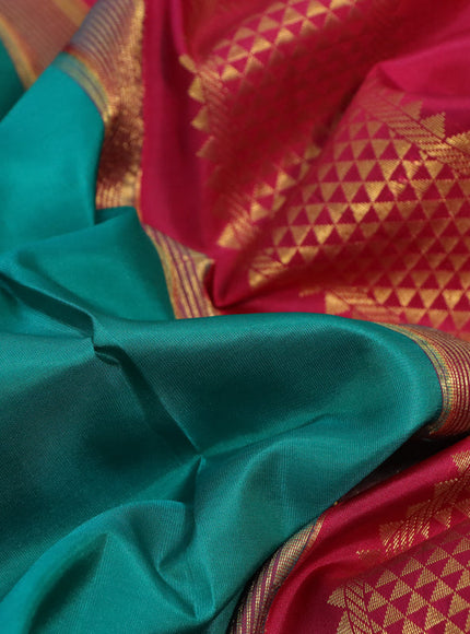 10 Yards silk saree teal green and dark pink with plain body and zari woven korvai border